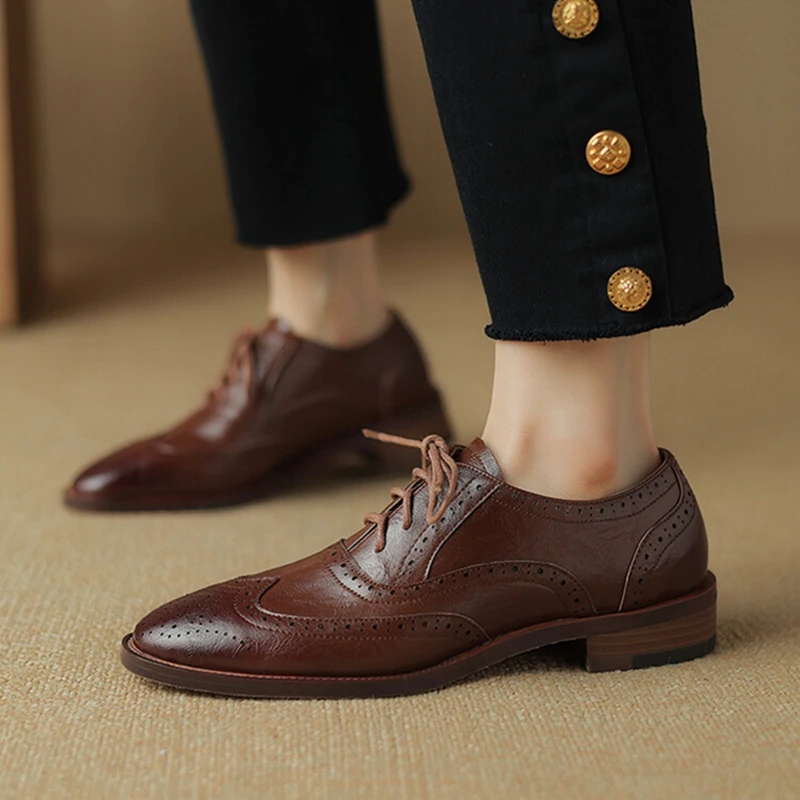 NEW Spring/Autumn Women Oxfords Split Leather Shoes for Women Brogues Vintage Lace up Loafers Handmade Black Plus Size Shoes