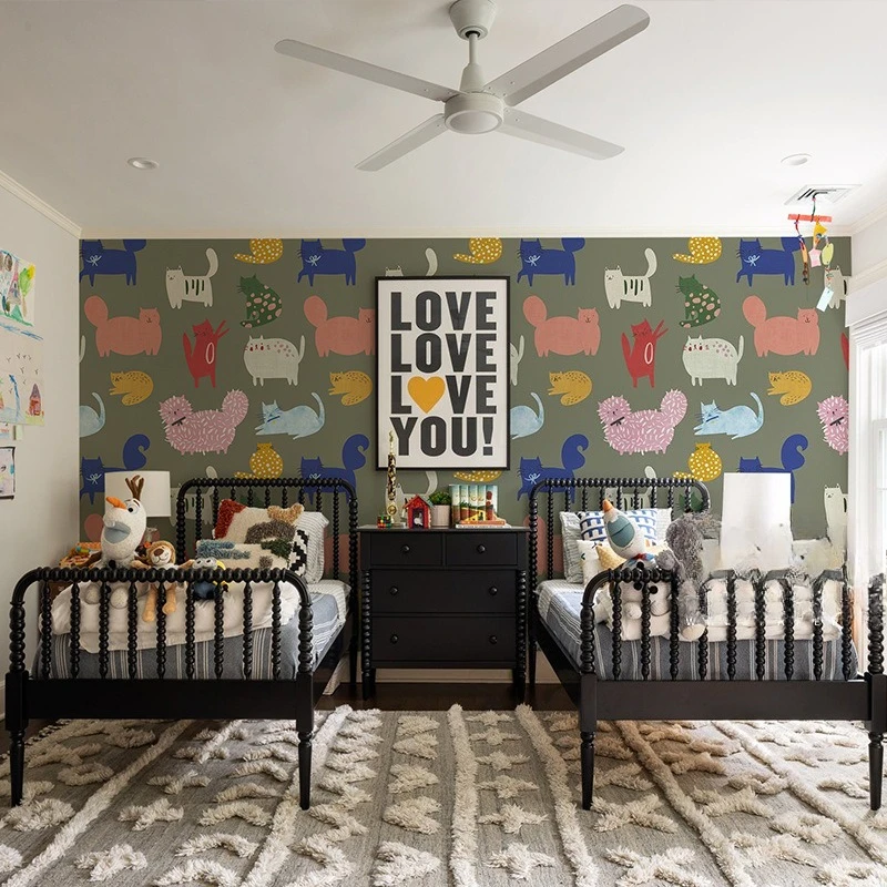 Wallpaper hanging paintings cute cat wallpaper bedroom bedside warm wall covering Nordic children's room creative backgrou