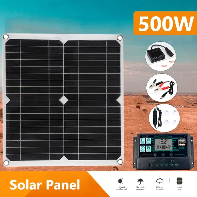 500W Solar Panel Kit 12V Battery Charger Dual USB + 10A-150A Controller 18V Solar Cell Power Bank Phone RV Car Camping Outdoor