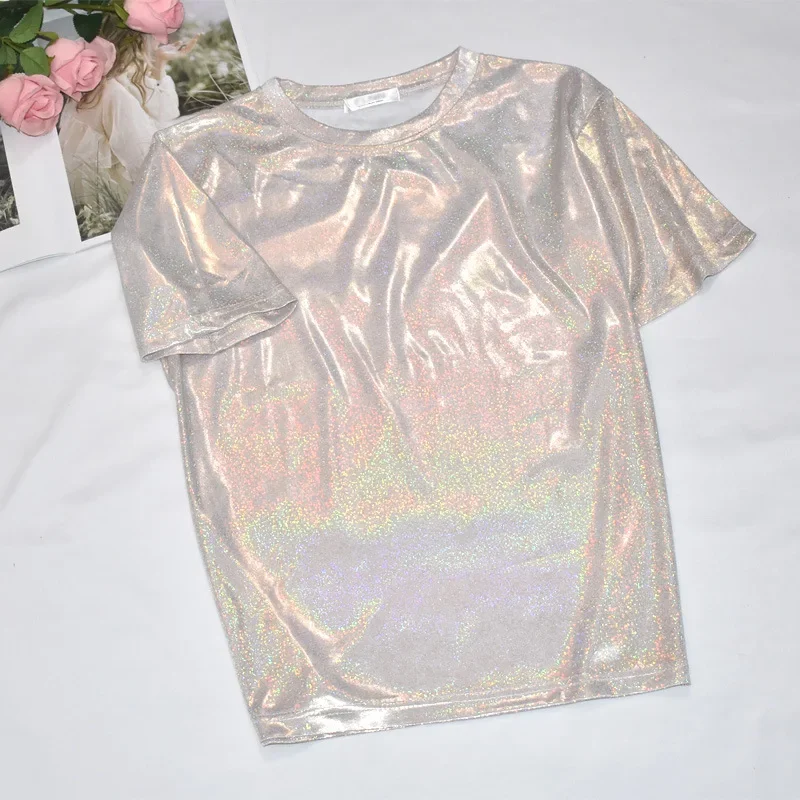 Womens Sparkly Shiny Metallic Holographic Round Neck Short Sleeve Casual Loose Top Festival Party Tee Shirt Female Clothes