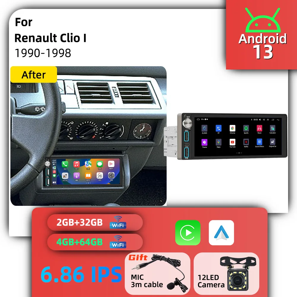 Android 1Din Car Multimedia 6.86 inch Car Stereo Screen for Renault Clio I 1990-1998 Carplay GPS Autoradio Radio Head Unit