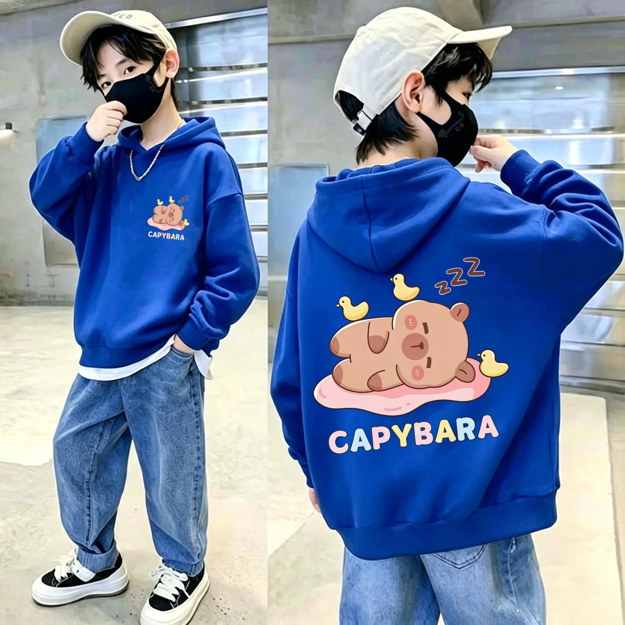 Autumn/Winter Cute Snuggle Pouch Hamster and Duck Pattern Children's Hooded Loose-Fitting Casual Shirt