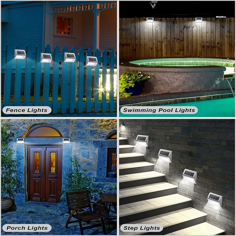 Solar Powered Outdoor Fence Lights, luzes impermeáveis do convés, lâmpada de aço inoxidável, lâmpadas de parede de segurança, iluminação do quintal