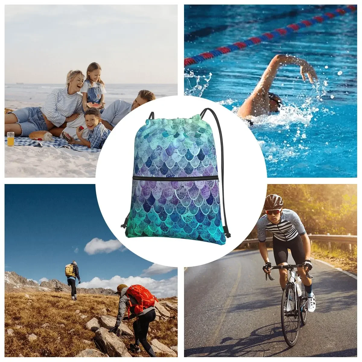 Magic Mermaid Rainbow Portable Backpacks Drawstring Bag Drawstring Bundle Pocket Sundries Bags For Travel Sport Man Woman