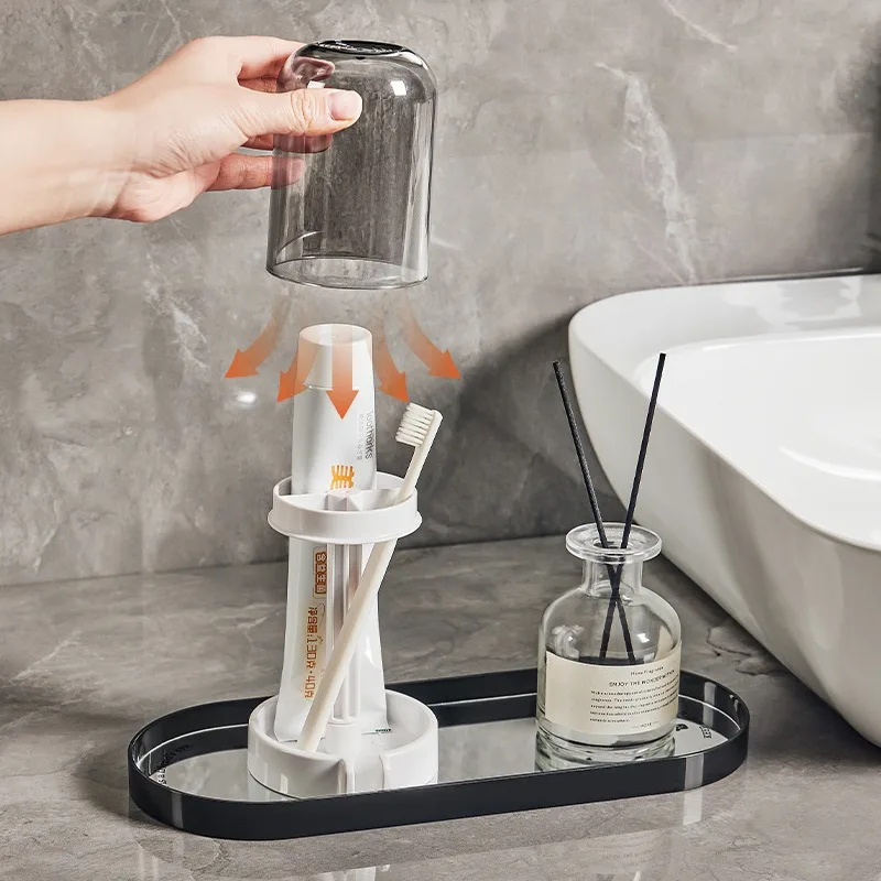 Toothbrush Holder With Dust Cover Drainage Design Plastic Multifunctional Bathroom Organizer For Cups Home Essentials