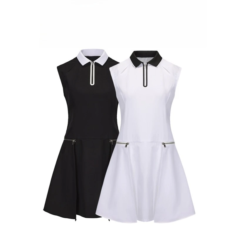 White Sleeveless Tennis Dress Women Black Collar A-Line Mini Elastic Waistband Shockproof Stretchy Korean Fashion Technical Wear