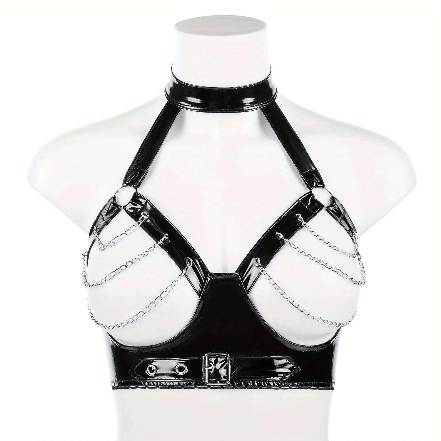 

Women's Sexy Glossy Bra, Breast Exposing Latex Shiny Crop Tank Tops, Faux Leather Material, With Metal Chain, Adjustable