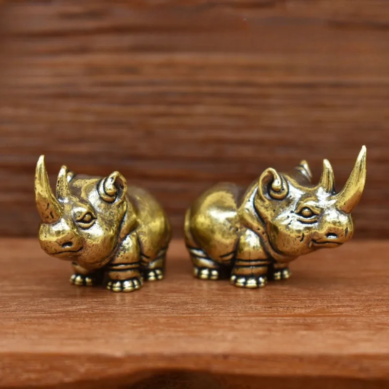 Solid Brass Rhinoceros Figurine Mini Antique Rhino Statue Desktop Ornament Tea Pet Home Decor Collectible Animal Craft Gift