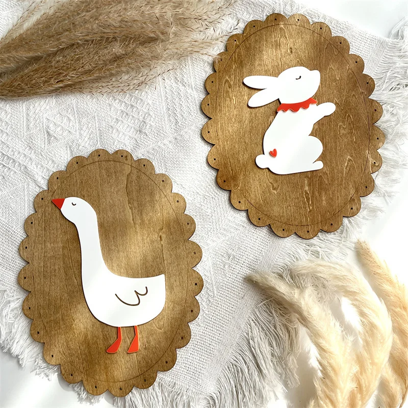 Adornos de pared de conejo de ganso de madera nórdica, decoración para habitación de niños, arte de pared de conejito de madera, manualidades, decoración de granja, accesorios para fotos de guardería