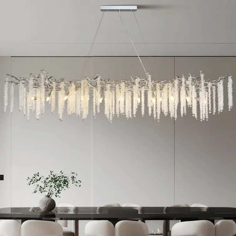 Modern Rectangle Crystal Chandeliers Large for Dining Living Room Silver Long K9 Crystal Chandeliers Dining Table High Ceiling