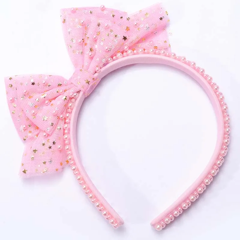 Ncmama Fashion Pink Lace Pearl fasce per donna Cute Glitter Stars Bow Hair Band Girl Headwear accessori per capelli regalo di compleanno