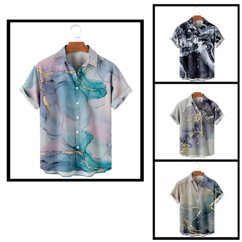 2023 casual button down shirts for men marbling 3D printing shirt color block turndown outdoor street short sleeve shirt