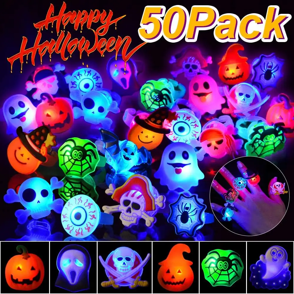 50pcs Halloween LED Glow Ring Halloween Light Up Luminous Ring Flashing Glow in The Dark Party Supplies Trick or Treat Prizes