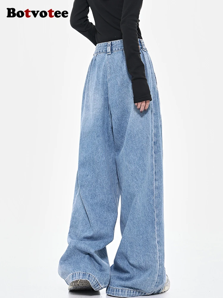 Botvotee Baggy-Cargo-Jeans mit weitem Bein und hoher Taille, Punk-Stil, Baggy, lockere blaue Denim-Hose, übergroße Y2k-Jeans