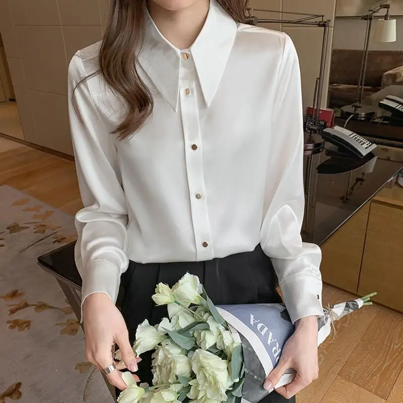 Elegant Korean Fashion Simple Office Lady All Match Button Shirt Casual Solid Loose Long Sleeve Chiffon Blouse Top Women Blusas