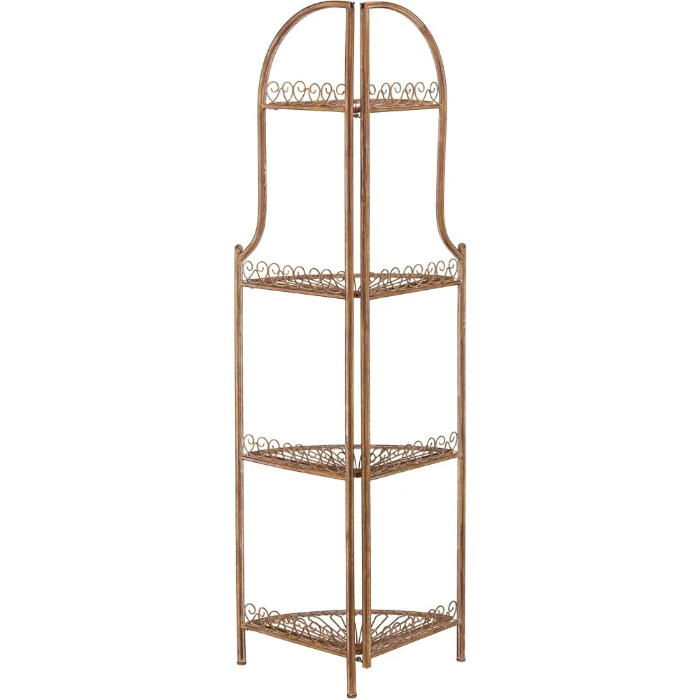 Mensola angolare da esterno rustica in ferro battuto arancione, soluzione di stoccaggio a 4 livelli per patio e giardino