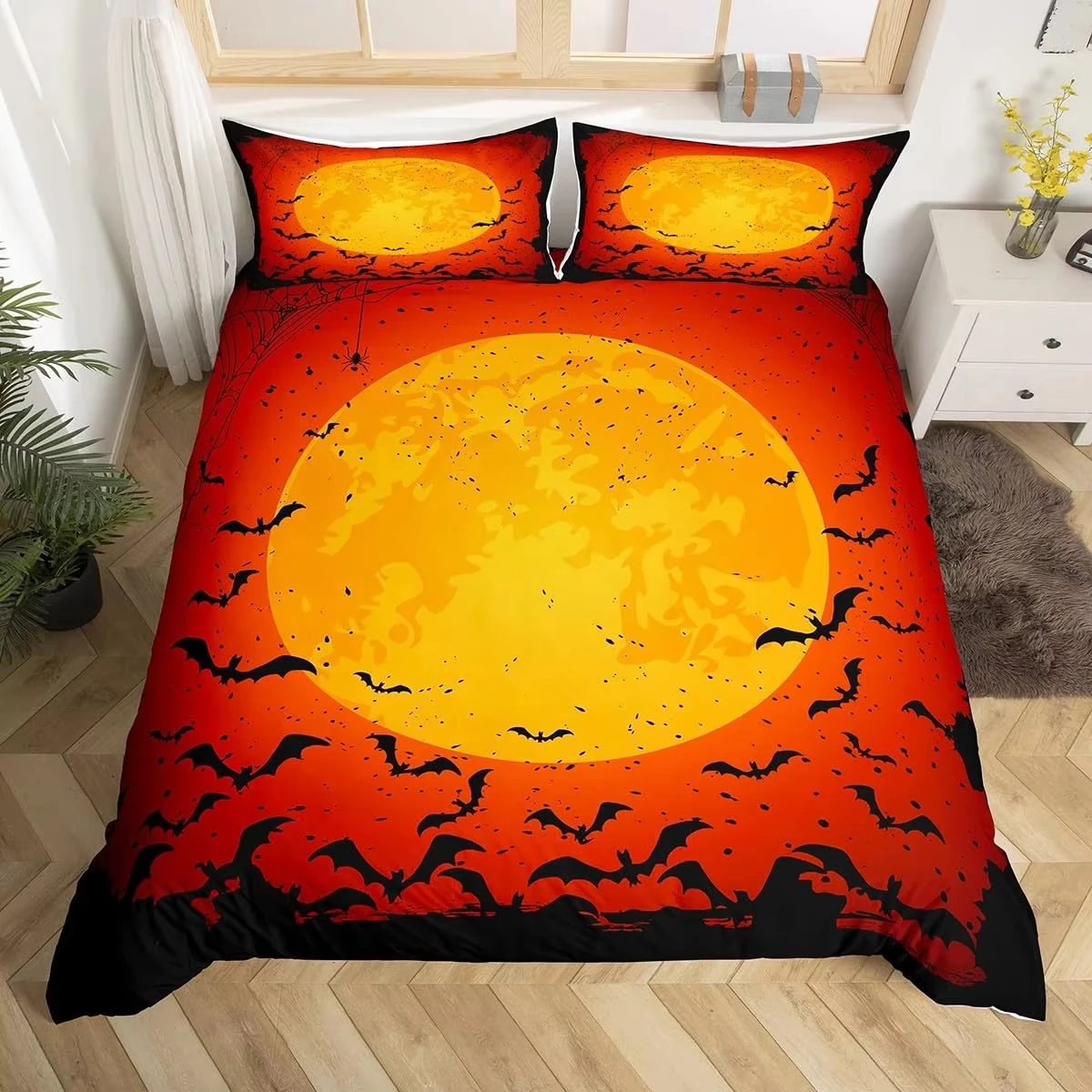 Halloween Duvet Cover King Gothic Spider Web Bats Comforter Cover Night Sky Orange Moon Bedding Set Grunge Style Quilt Cover