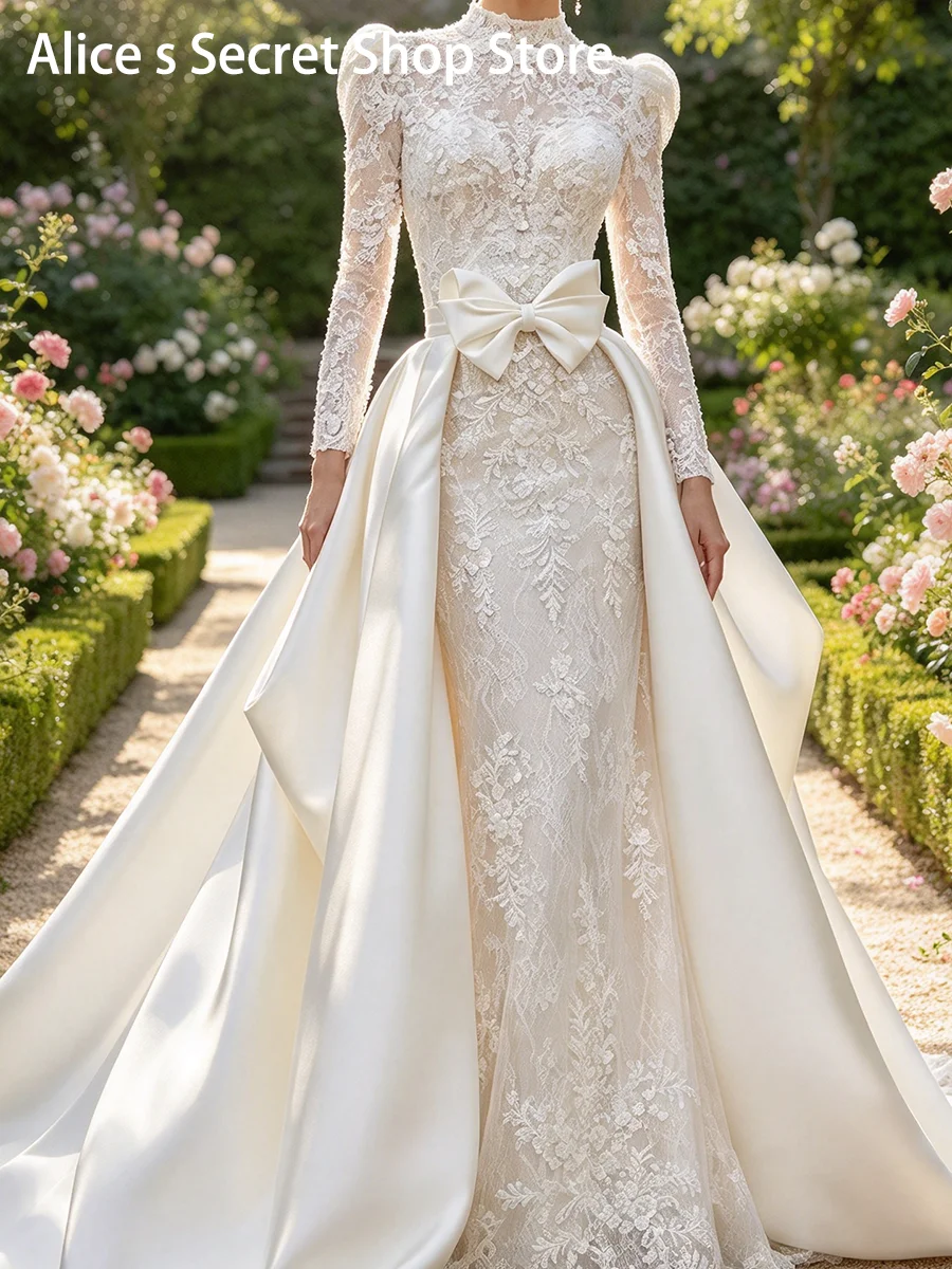 Exquisite High Collar Applique Full Sleeve Slim Detachable Bride Wedding Dresses Bridal Gowns Customized