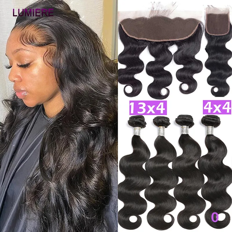 Body Wave Echthaar-Bündel mit 13x4 HD Transparent Lace Frontal Closure und Bündel aus unbehandeltem Haar, 3/4 Bündel-Set