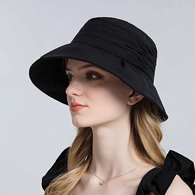 Women Summer Folding Bucket Hat for Beach Holiday Lady Spring Bowler Sun Protection Cap with Ruffles Band Headgear Wholesale New