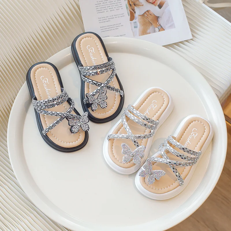 Summer Fashion Kids Comfortable Elegant Crystal Butterfly Elegant Beach Flat Bottom Beautiful Baby Girl Children Student Sandals