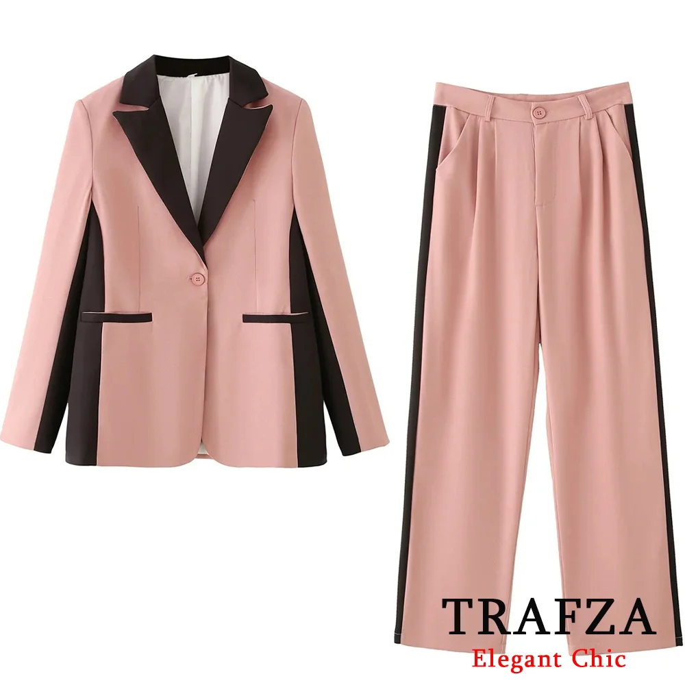 

TRAFZA Women Vintage Commute Suit Patchwork Buttons Blazer Pockets Long Pant New 2025 Spring Summer Fashion Office Lady Pant Set