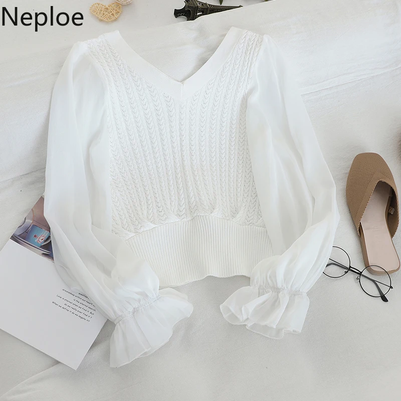 Neploe Fashion Patchwork Mesh Blouse Women V Neck Knit Flare Long Sleeve Blusas 2024 Autumn Spring New Slim Shirt Elegant 47108