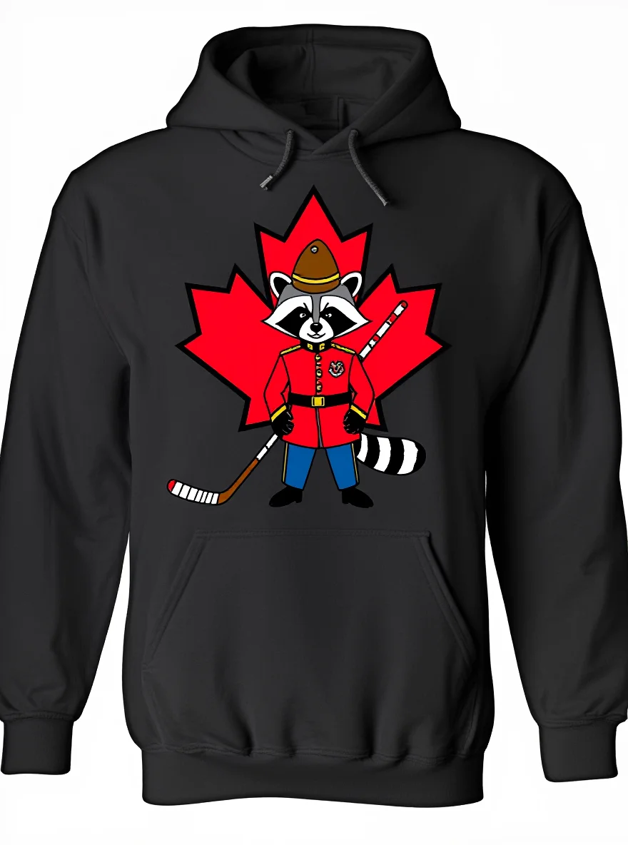 هوديي رجالي من Canadian Raccoon Mountie، طباعة أوراق القيقب الهوكي
