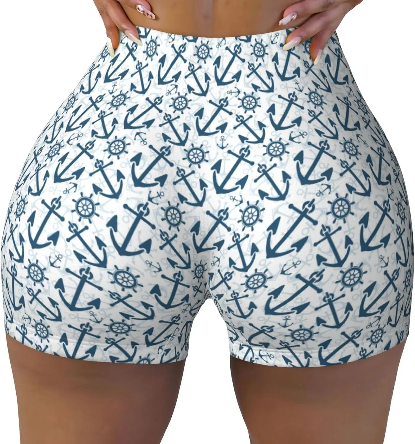 شورت نسائي للتمرين بطباعة المراسي ذات الطابع البحري للرياضة والجري والمشي لمسافات طويلة وسراويل اليوغا والجيم