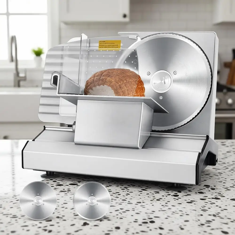 

Электрическая машина для нарезки мясных деликатесов с 2 съемными лезвиями из нержавеющей стали (8,7 дюйма), съемной корзиной для продуктов, регулируемой толщиной нарезки от 1 до 20 мм