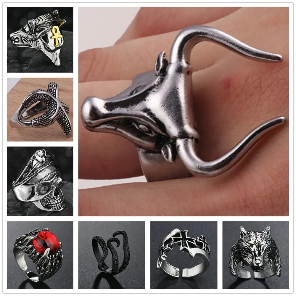 Vintage Gothic Wolf Head Ring Men Bull Head Skull Octopus Starfish Dragon Cross Men Ring Punk Jewelry Evil Eye Ball Anel