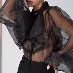 Women's Fashion Mesh Sheer Bodysuit Tops Solid Color Long Puff Sleeve Lapel Ruffled Leotard Blouse Shirt