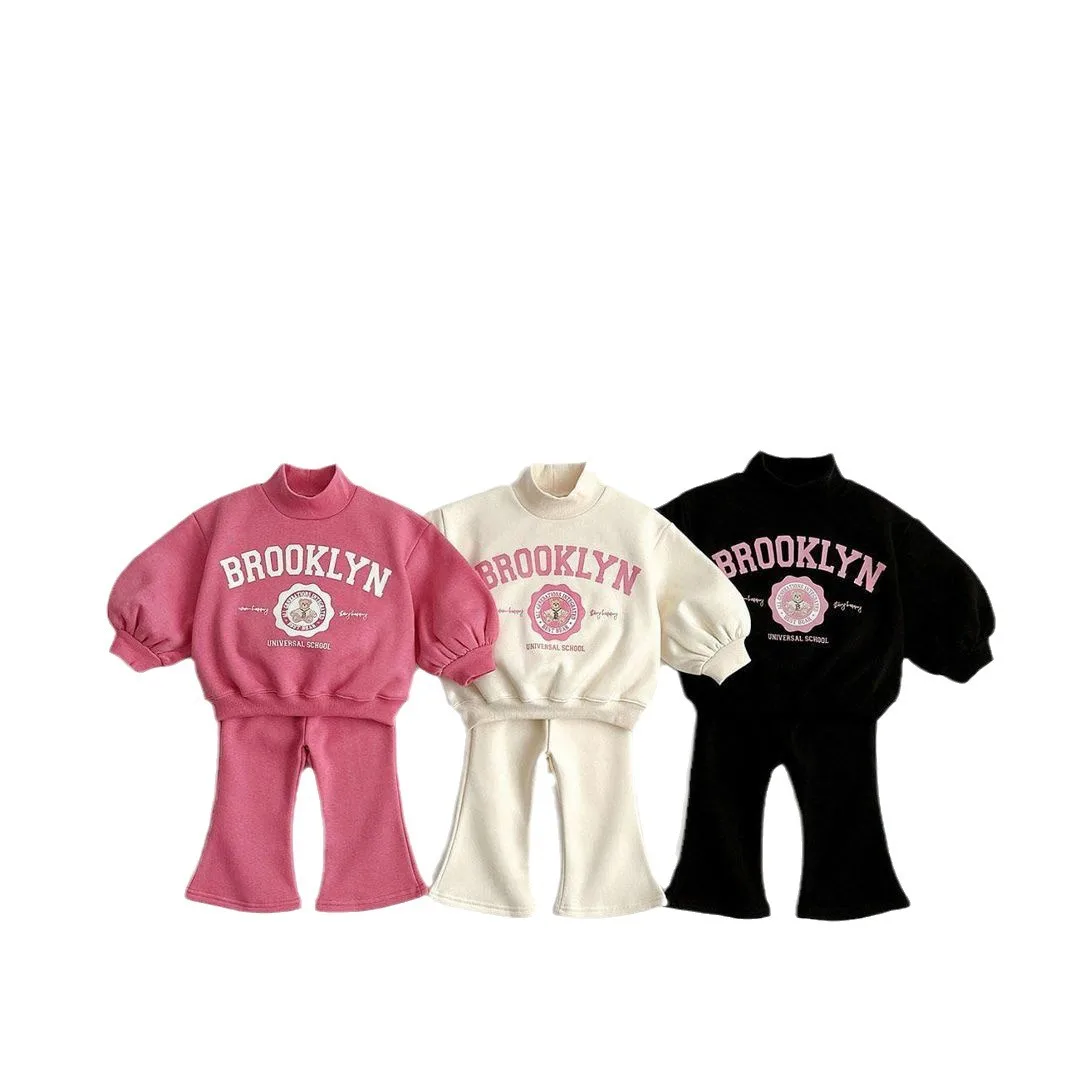 Korean Spring Children Girl 2PCS Clothes Set Cotton Letter Sweatshirt Solid Flared Pant Toddler Girl Outfit Kids Girl Tracksuits
