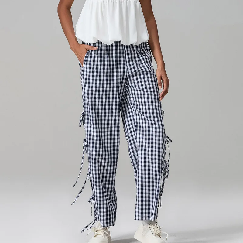 WPNAKS Women Wide-Leg Pants Spring Autumn Clothes Plaid Side Tie-Up Loose Trousers Sexy Casual Sweatpants Bottoms Woman Clothing