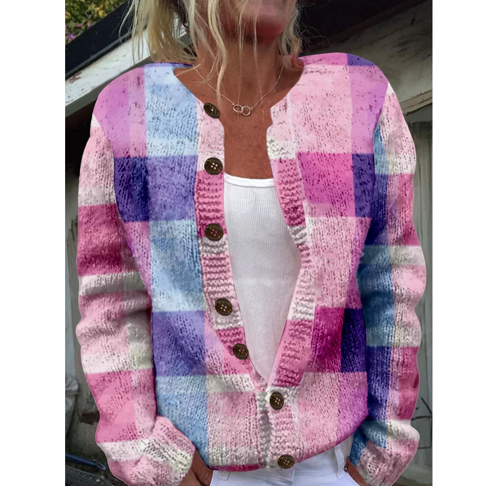 New Women's Color Block Milled Pit Stripe Pink Button Long Sleeve Ladies Casual Extensions Cardigan Jacket Coat