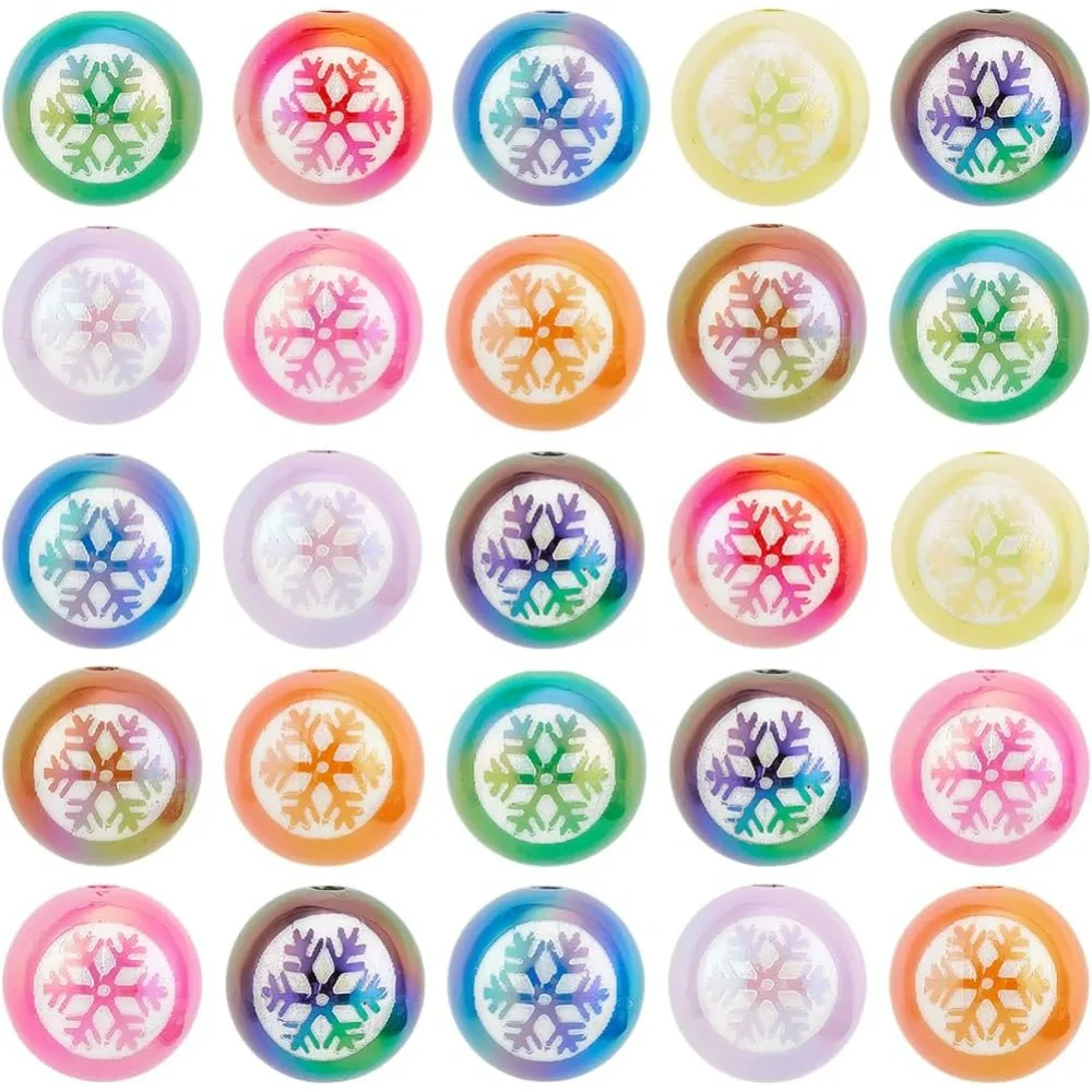 50개 눈송이 모양 원형 비즈 16mm 겨울 비즈 대량 아크릴 컬러 볼 버블껌 껌볼 눈송이 프린트 펜 비즈