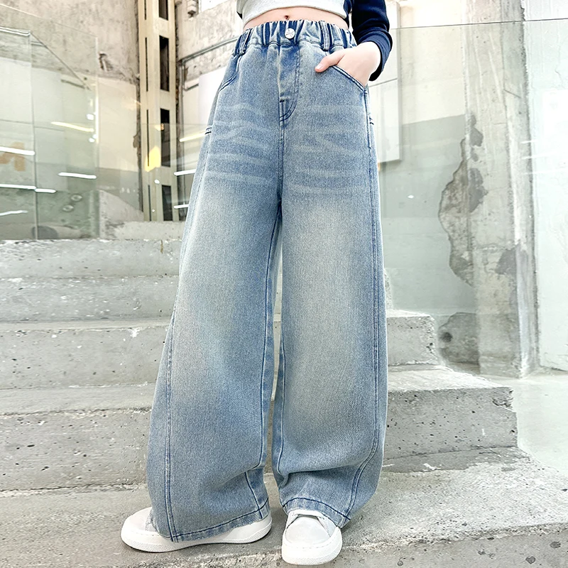 

High End Kids Design Minimalist Jeans For Girls Brief Classic High Waisted Jeans Trousers Children Casual Wide Leg Denim Pants