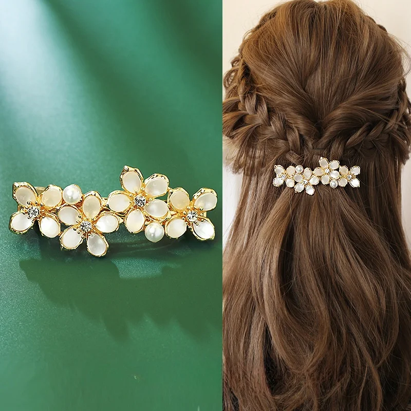 New Korean white flower pearl spring clip boutique opal bowknot horizontal clip temperament female fashion hair accessories