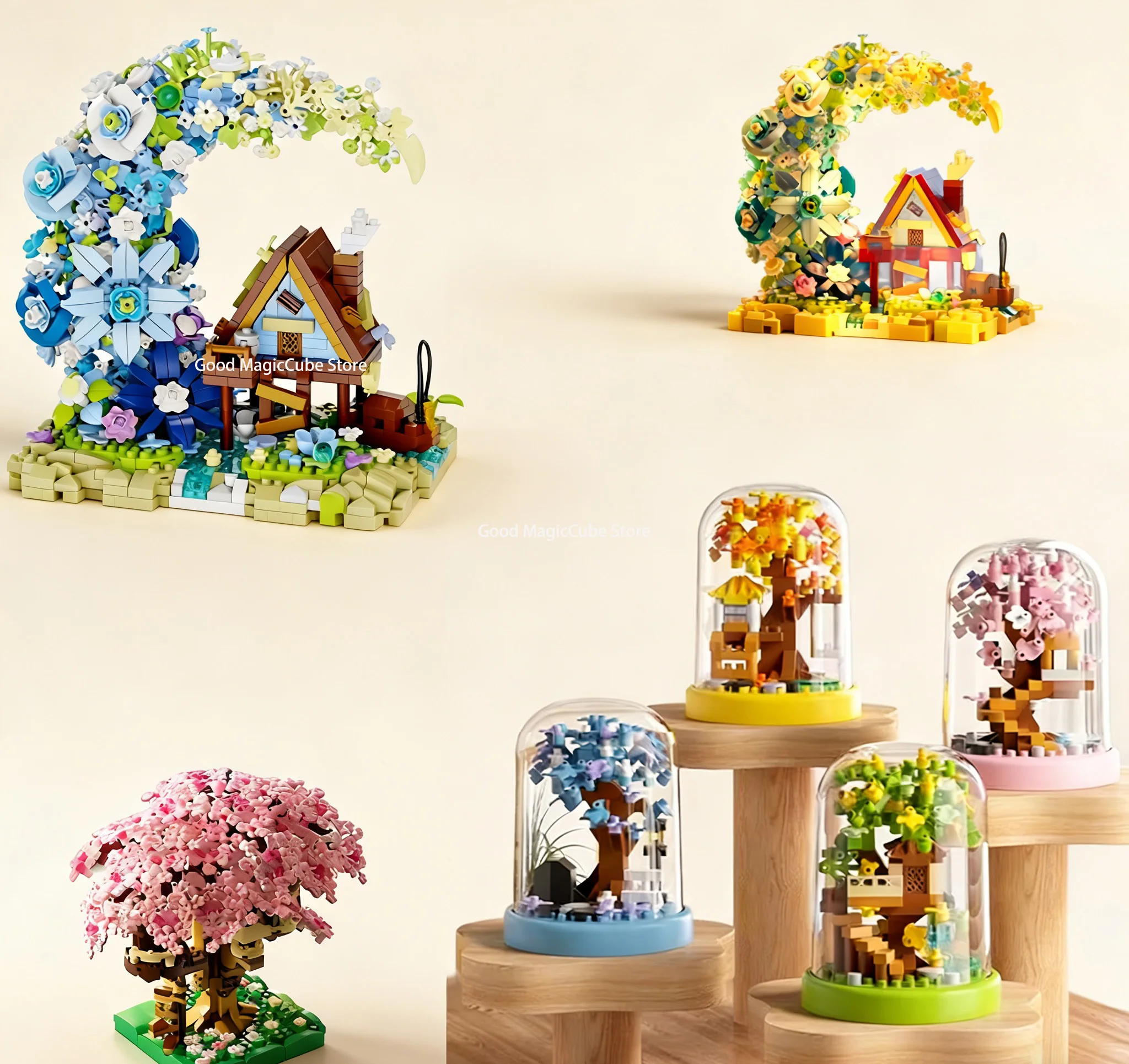 Mini casa sull'albero di quattro stagioni Sakura Tree Moon Flower Casa in legno Albero Micro Building Block Diamond Brick Toy per bambini