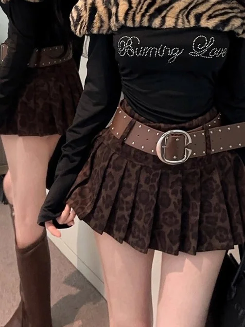 Retro American Y2K Leopard Print Half Skirt Women's Autumn Winter New High Waist Slimming Sexy JK  Skirt Pleated Skirt