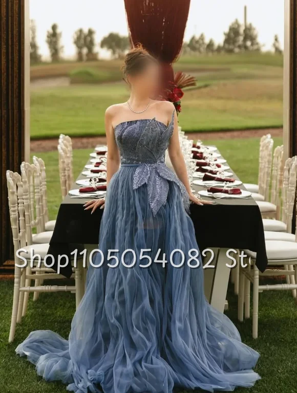 Vestido de novia azul tubo único, lentejuelas sin tirantes, flor estereoscópica, línea A, plisado y suelo, vestido de novia personalizado