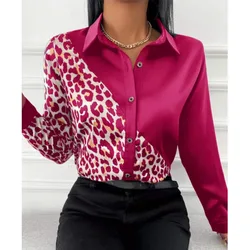 Lady Elegant Leopard Print Satin Blouse 2024 Spring Fashion V Neck Tops Autumn Women Casual Long Sleeve Soft Shirt Loose Blusa