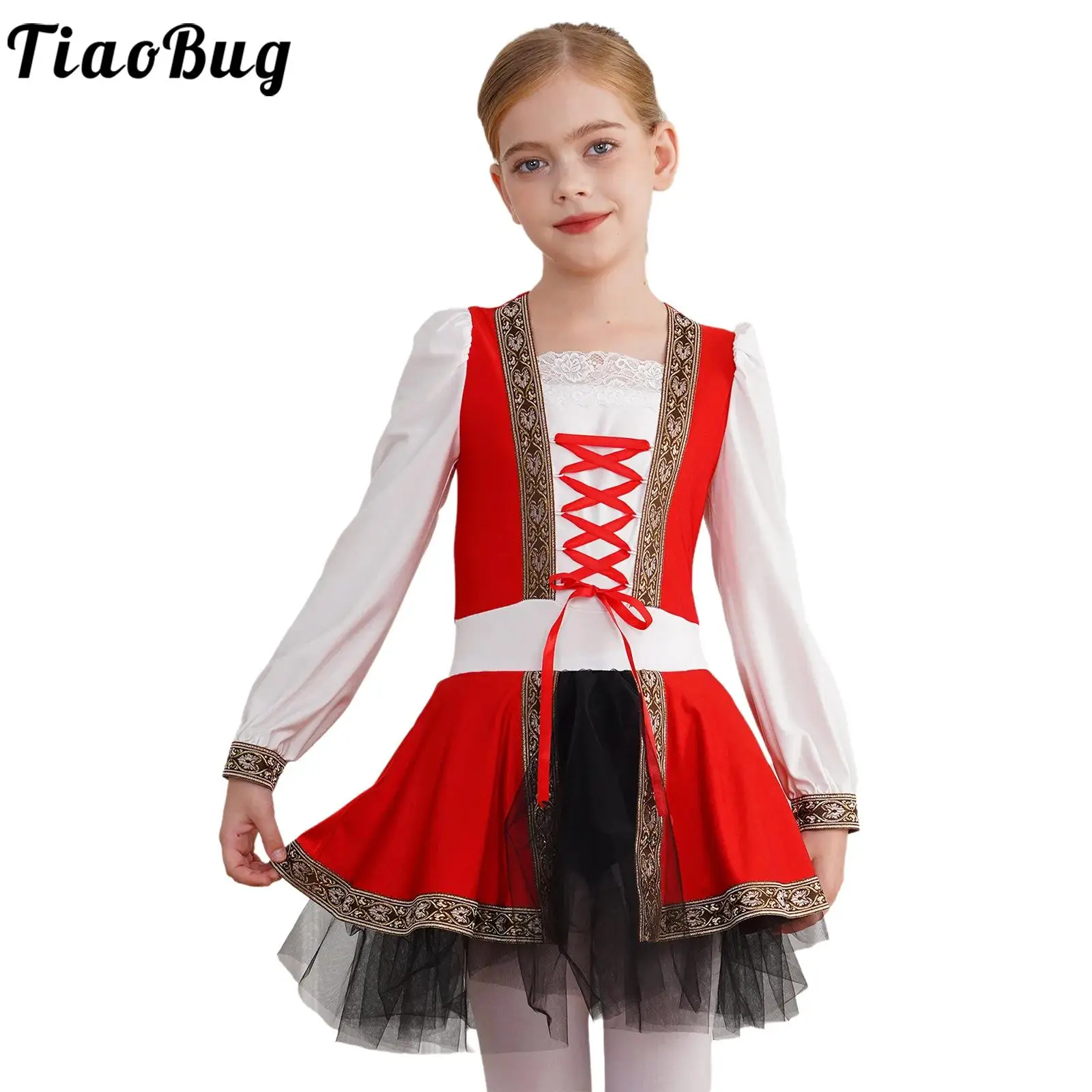 

Kid Girls Renaissance Vintage Dress Medieval Long Sleeves Lace-up Mesh Tutu Dress Halloween Carnival Party Grom Dancewear