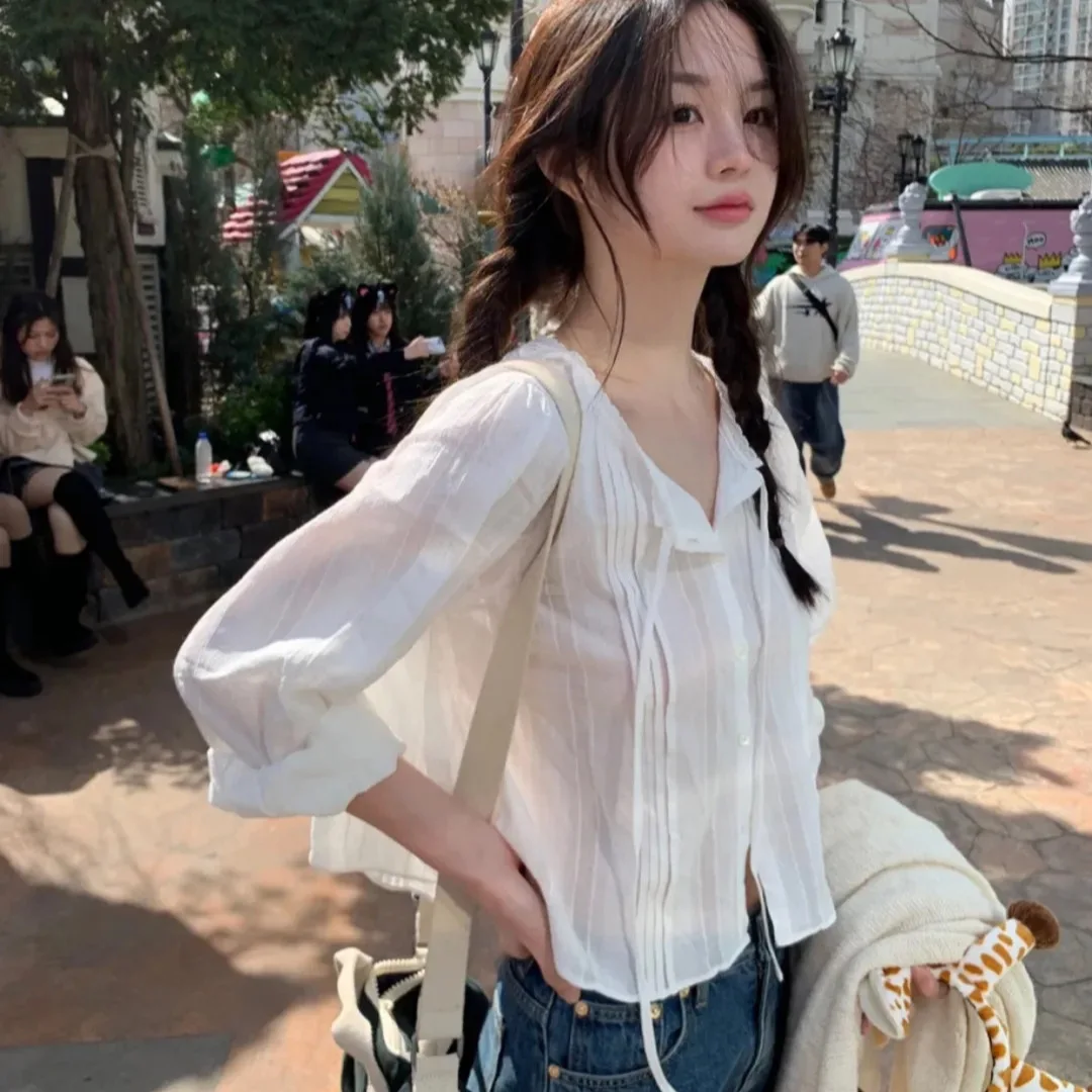 

Spring 2025 Dongdaemun Loose Versatile Lace Trim Belted irt Thin Cotton Ladies Faion Pure Cotton Blend irt