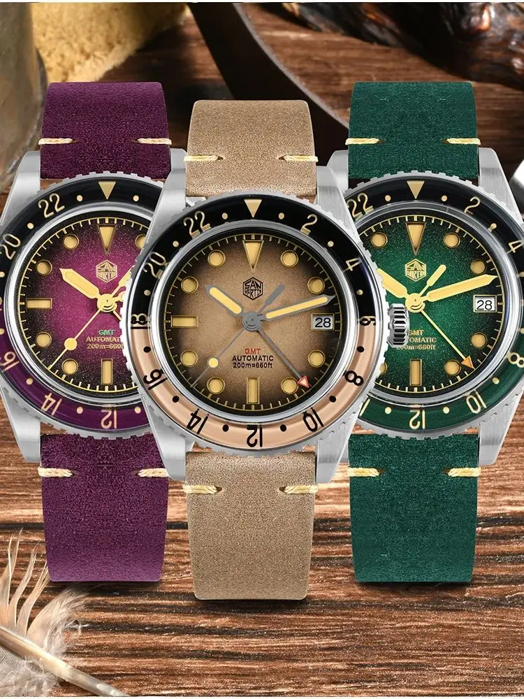 San Martin 40mm NH34 Retro Gradient Color Dial Men GMT Watch Automatic Mechanical Sapphire Bezel 200m C3 Green Lume SN0134