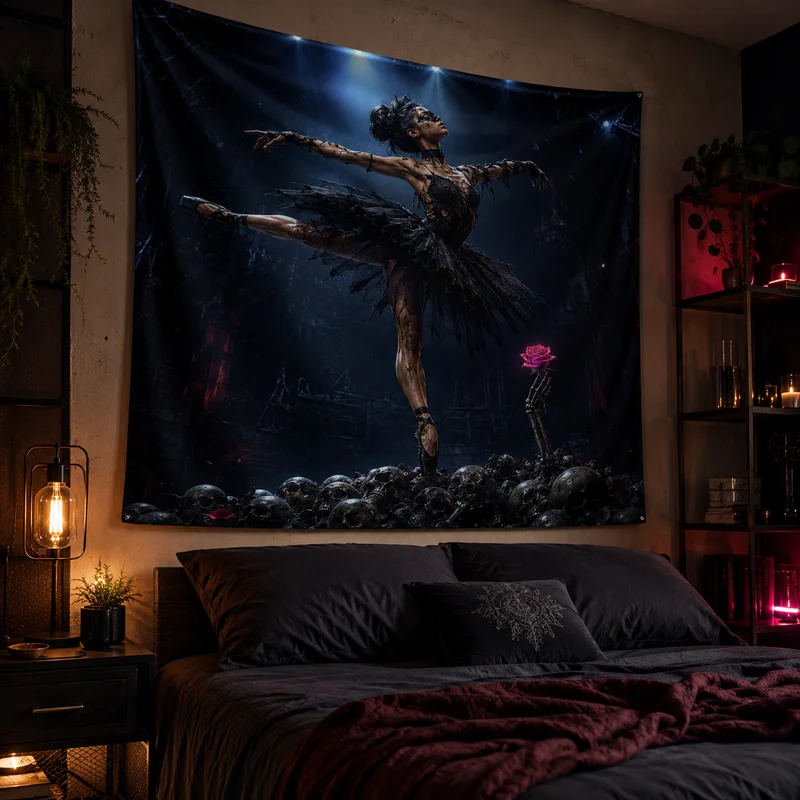 VIKAMA Dark Fallen Angel Tapestry, Black-Feathered Warrior With Blue Magic Sword Wall Hanging Fabric, Home Decoration
