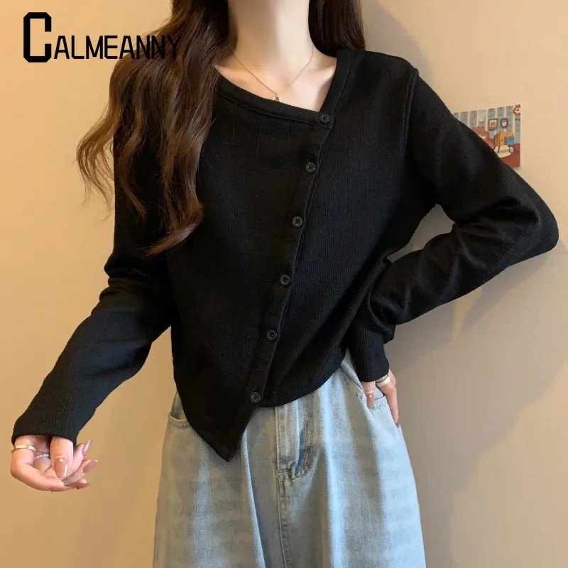 Korean Edition Simple Style V Neck Button Irregular Loose Solid T-Shirt Women 2024 Autumn Winter New Casual Long Sleeve Top