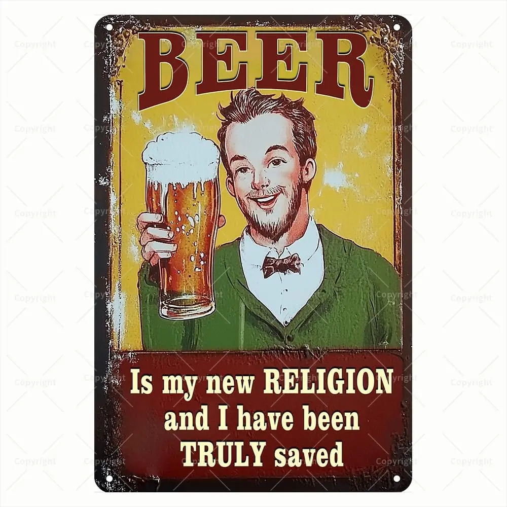 Retro Beer Tin Sign - Beer Is My New Religion and I Have Been Truly Saved Decorative Metal Wall Art for Man Cave/Bar - Gift for