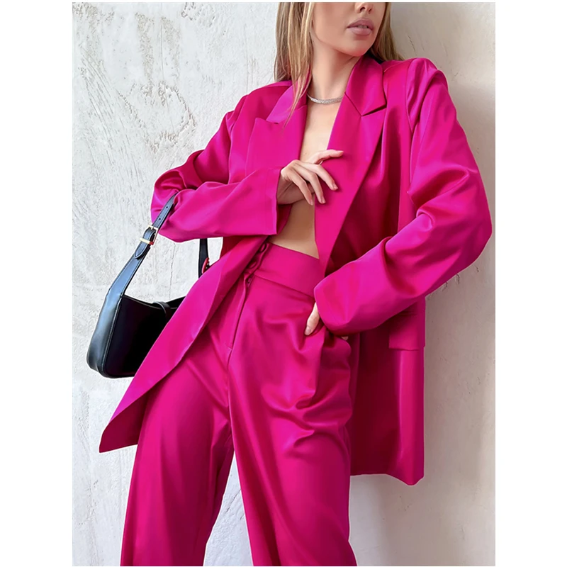 Office Lady Long Sleeve Blazer Wide Leg Pants Clothing Suit Fashion Outfits Women Elegant Loose Satin Pants Two Piece Sets