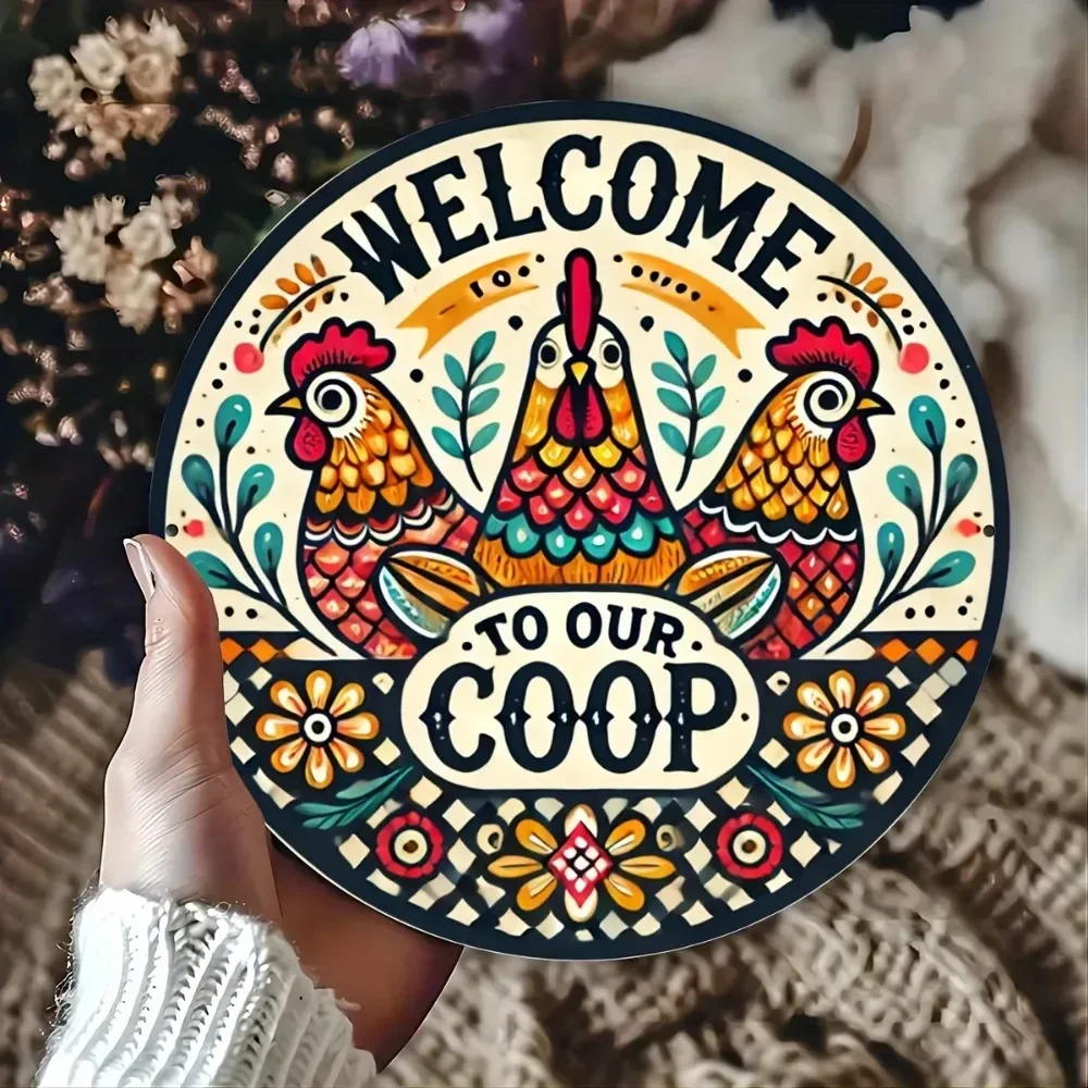 

YOURBRAND Водонепроницаемая винтажная вывеска для курятника - 8 дюймов, круглый красочный петух «Дота пожаловать на курятник», железный настенный декор